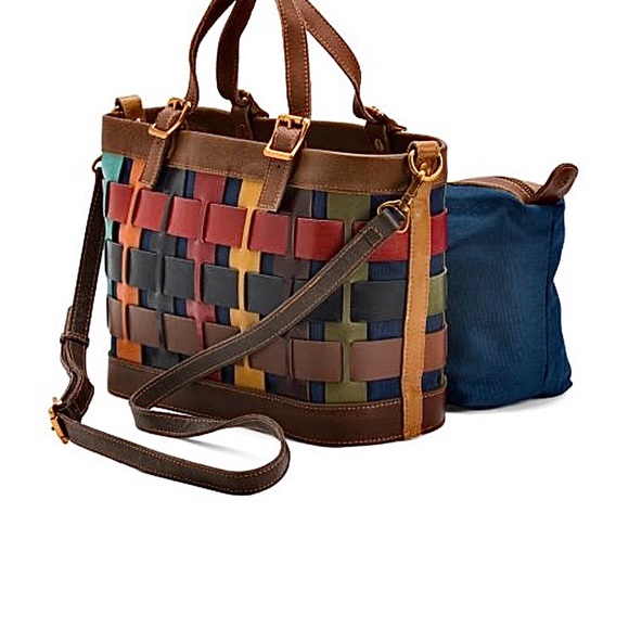 NWT~Genuine Leather Amerileather color Woven Leather Tote with Removable Pouch - Picture 2 of 13